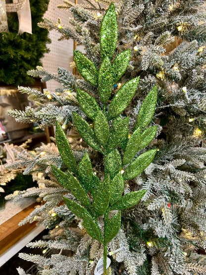 29 Inch Apple Green Glitter Bay Leaf Spray