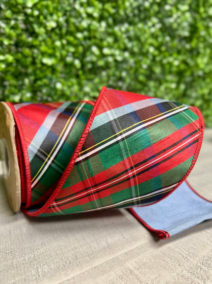 4 Inch By 10 Yard Traditional Christmas Plaid With Blue Backing Ribbon