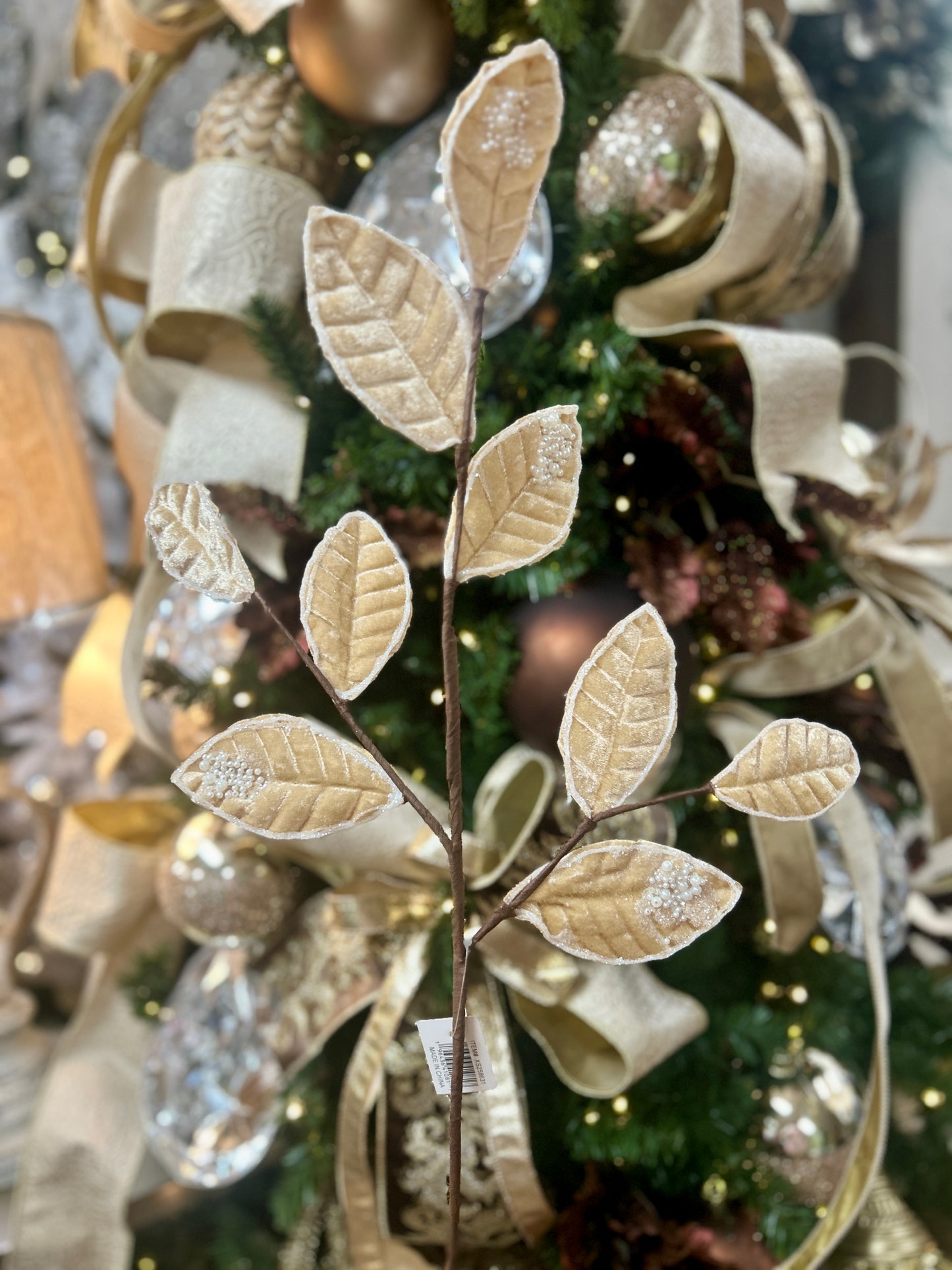 27 Inch Taupe Pearl Velvet And Glitter Magnolia Leaf Spray