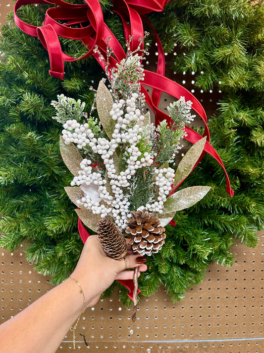 18 Inch White Berry Pinecone And Twig Pine Pick