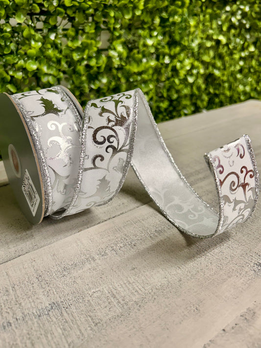 1.5 Inch By 10 Yard White And Silver Metallic Foil Swirl Leaf Ribbon