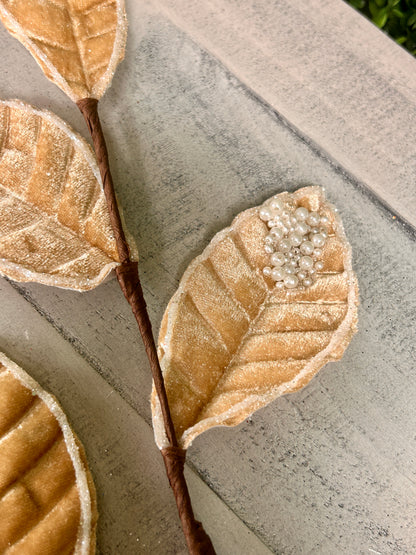 27 Inch Taupe Pearl Velvet And Glitter Magnolia Leaf Spray