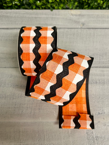 2.5 Inch By 10 Yard Orange Black And White Royal Burlap Ric Rac On Plaid Ribbon
