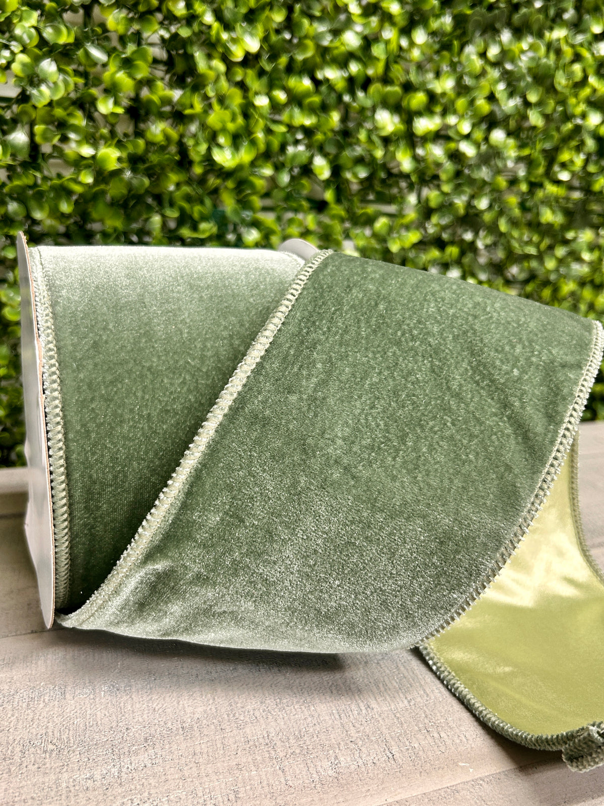 4 Inch By 10 Yard Sage Green Deluxe Velvet With Satin Backing Ribbon