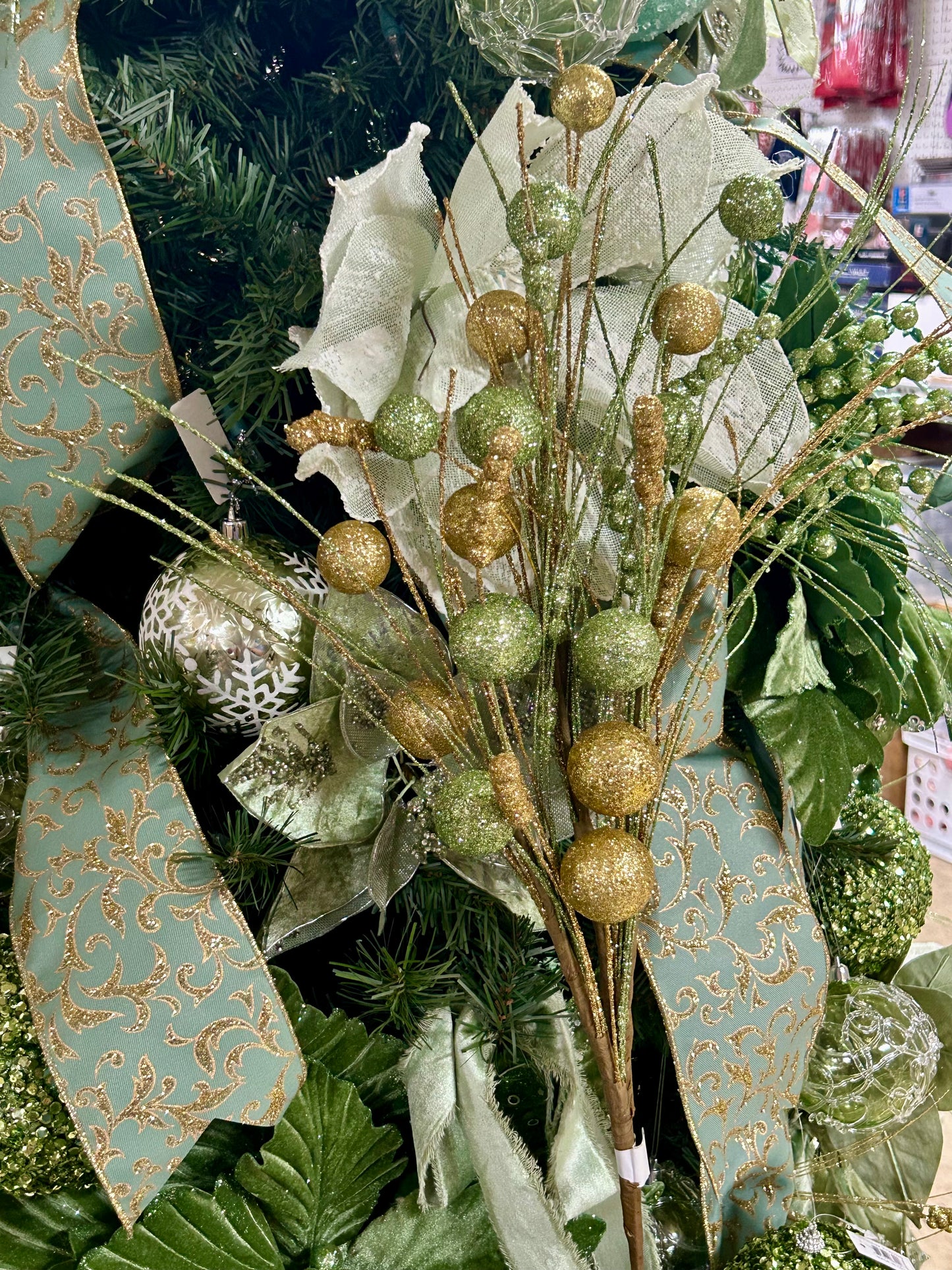 35 Inch Sage Green And Gold Ball And Bead Spike Spray