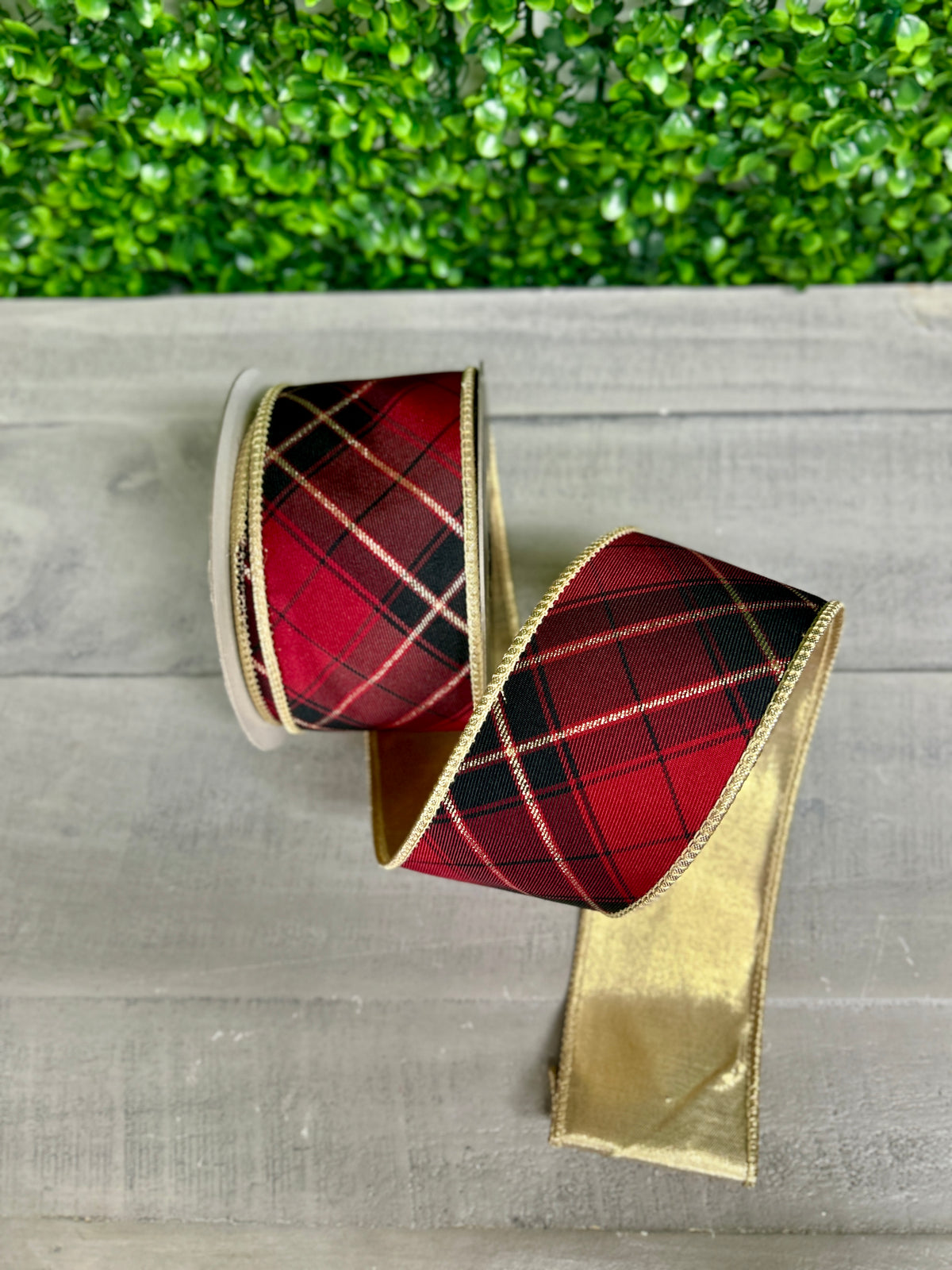 John Mark 2.5 Inch By 10 Yard Burgundy Plaid Fused Metallic Gold Backing Ribbon