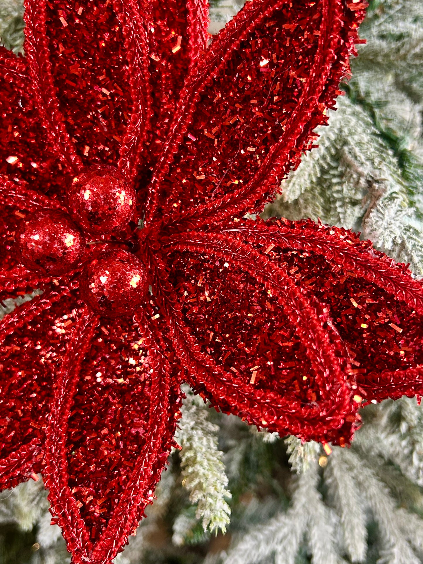 14 Inch Red Glitter And Lace Edge Poinsettia Pick