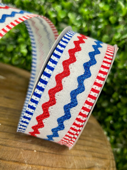 1.5 Inch By 10 Yard Red White And Blue Faux Burlap Ric Rac Stripe Ribbon