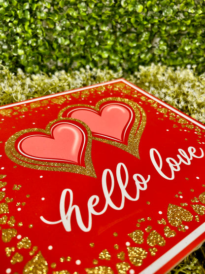 10 Inch Red And White Double Heart Hello Love Glitter Wood Sign
