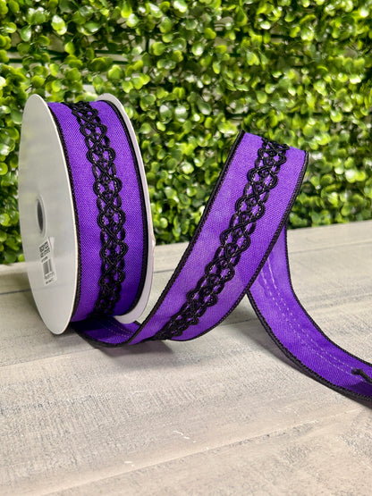 1.5 Inch By 10 Yard Purple And Black Lace On Faux Royal Ribbon