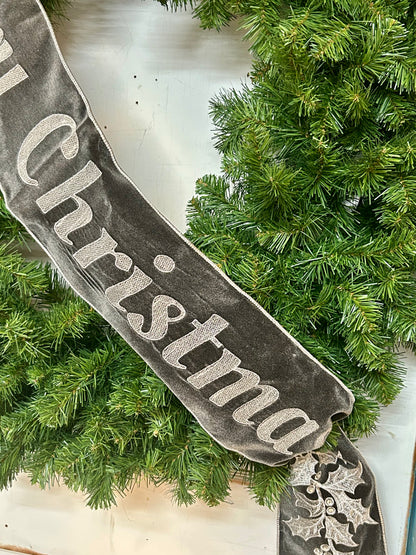 6 Inch By 70 Yard Grey Velvet Embroidery Jeweled Merry Christmas Banner