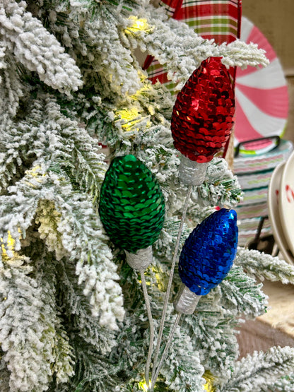 11 Inch Red Emerald Green And Royal Blue Styrofoam Sequin Light Bulb Pick