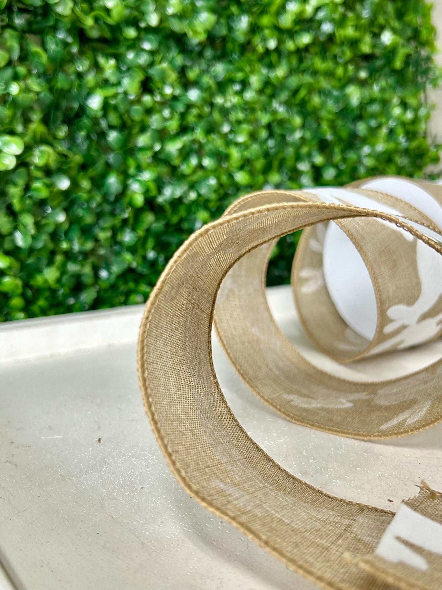 2.5 Inch By 10 Yard Natural Linen With Flocked White Bunnies Ribbon