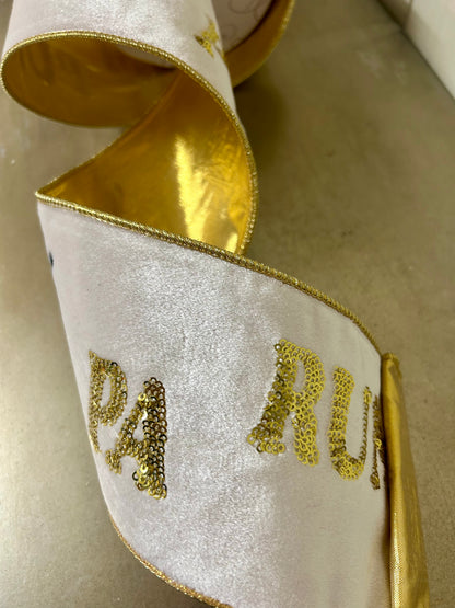 4 Inch By 10 Yard Pa Rum Pum Pum Gold Sequin Embroidery With Drum On Ivory Velvet Ribbon