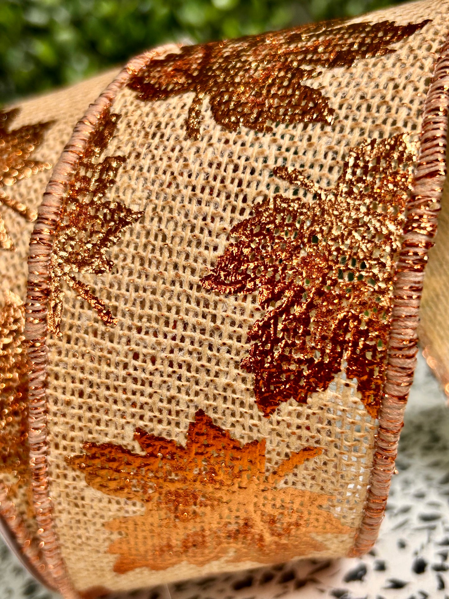 2.5 Inch By 10 Yard Natural Foil Maple Leaf On Faux Royal Ribbon