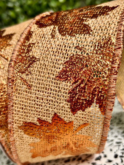 2.5 Inch By 10 Yard Natural Foil Maple Leaf On Faux Royal Ribbon
