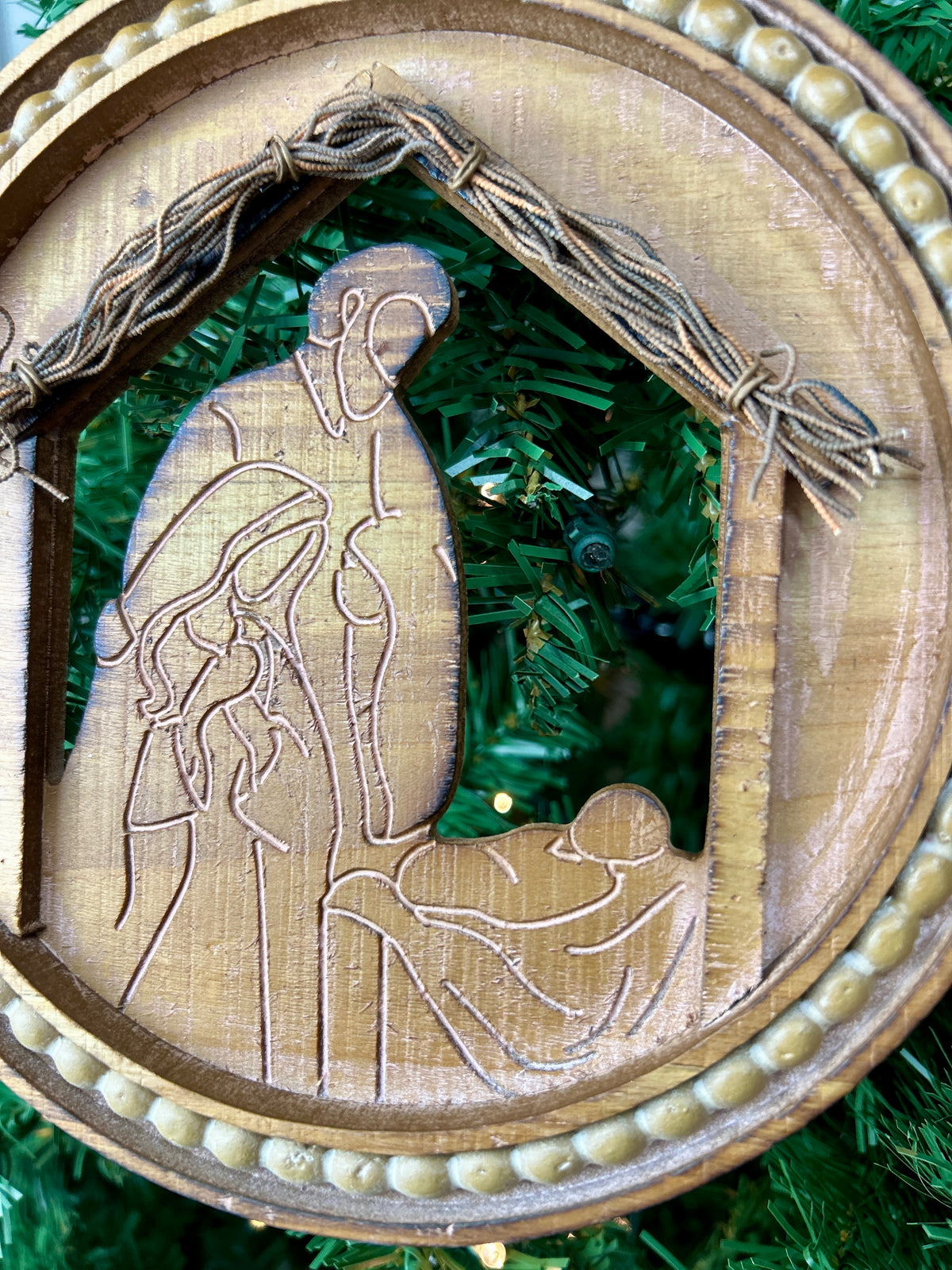 8.46 Inch Wood Engraved Holiday Nativity Design Ornament