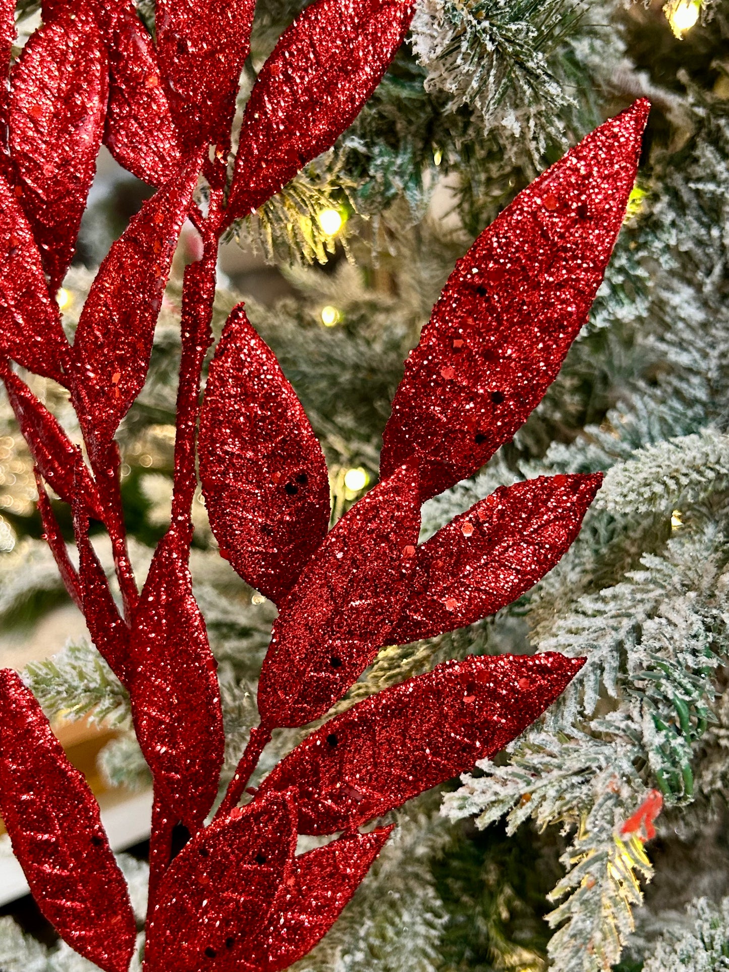 29 Inch Red Glitter Bay Leaf Spray