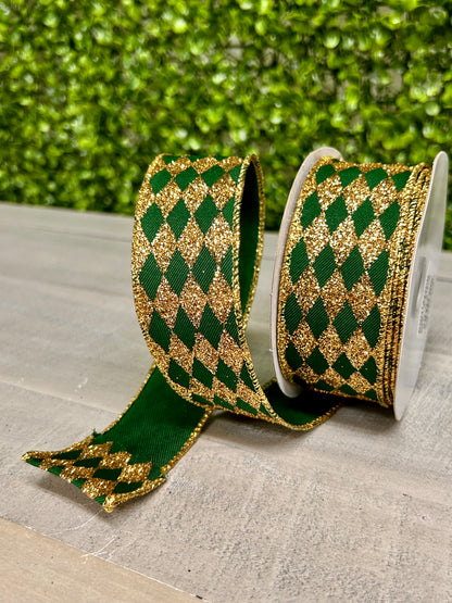 1.5 Inch By 10 Yard Hunter Green And Gold Glitter Harlequin Ribbon