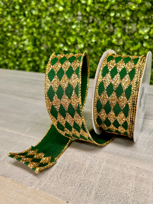 1.5 Inch By 10 Yard Hunter Green And Gold Glitter Harlequin Ribbon