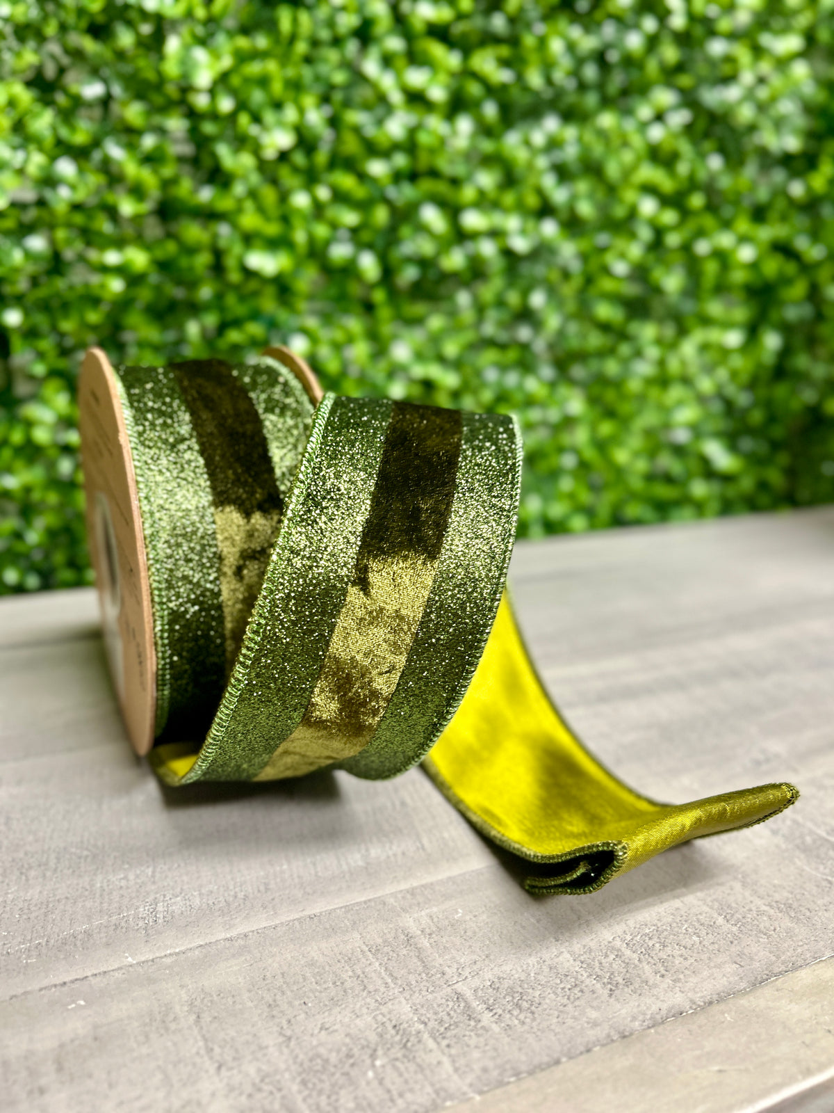 2.5 Inch By 10 Yard Dark Green With Glitter Velvet Stripe Ribbon