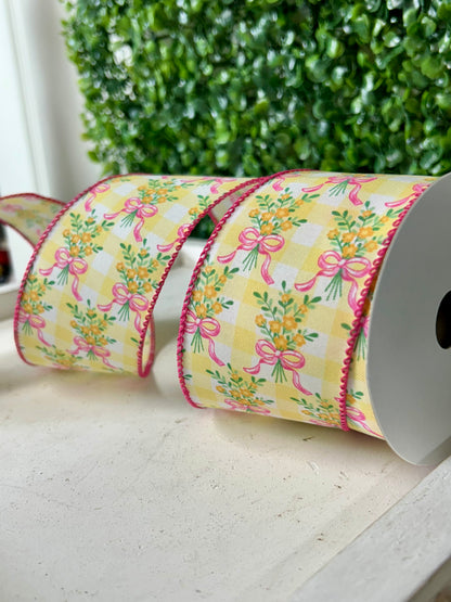 2.5 Inch By 10 Yard Orange Bouquet Pink Bow On Yellow And White Check Ribbon