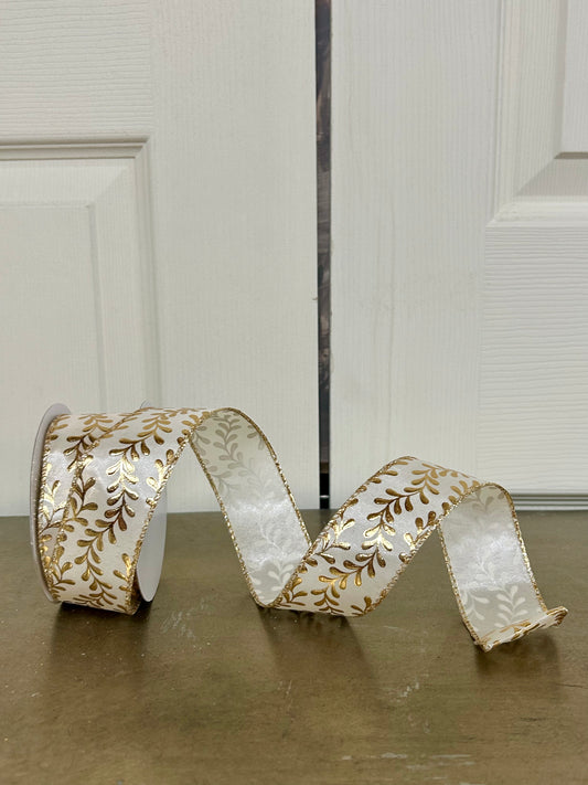 1.5 Inch By 10 Yard Ivory And Gold Embossed Vines Ribbon