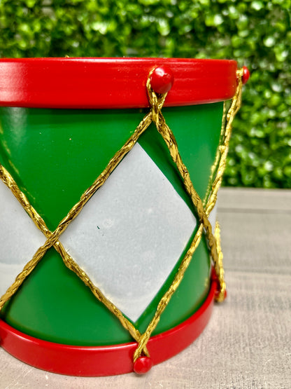 6 Inch Red Green And White Drum Ornament
