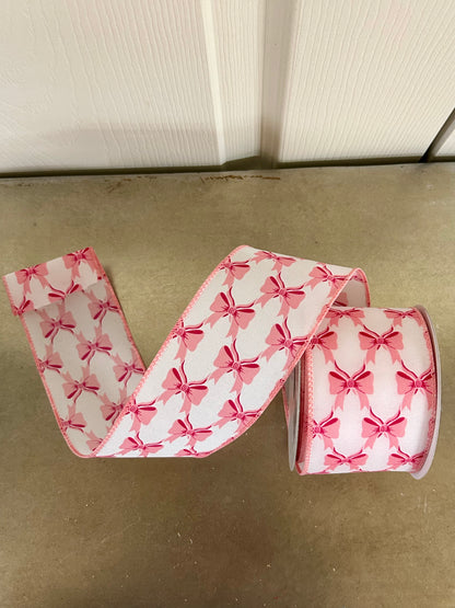 2.5 Inch By 10 Yard Pink Bows On White Background Ribbon