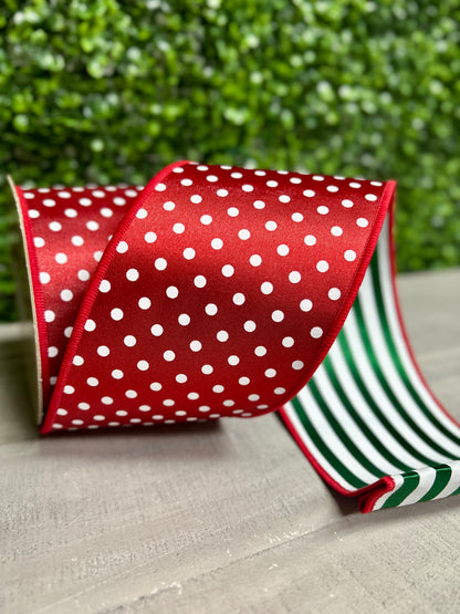 4 Inch By 10 Yard Red And White Polka Dot With Emerald And White Stripe Backing Fused Ribbon