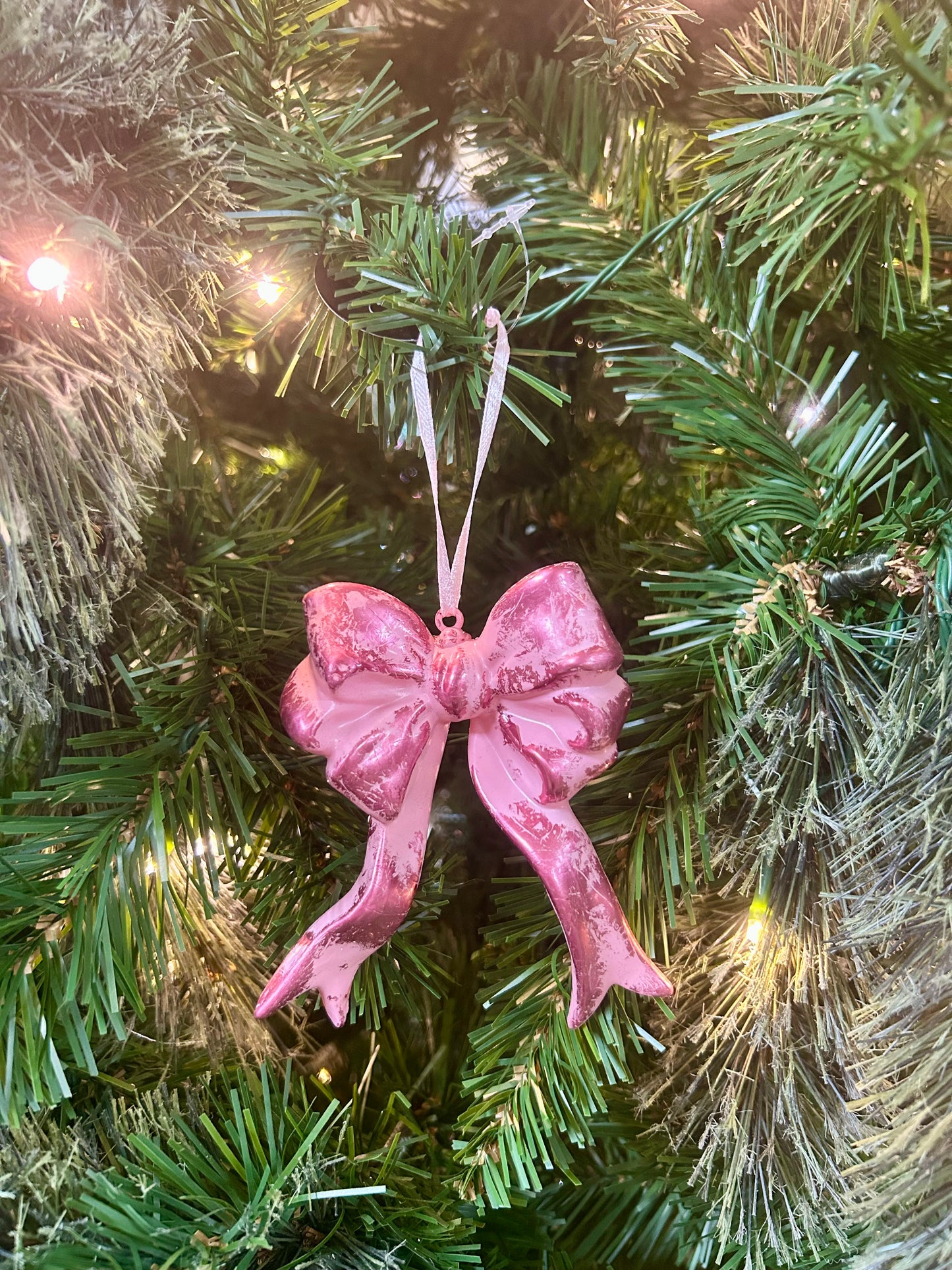 4.25 Inch Pink Plastic Hanging Bow Ornament