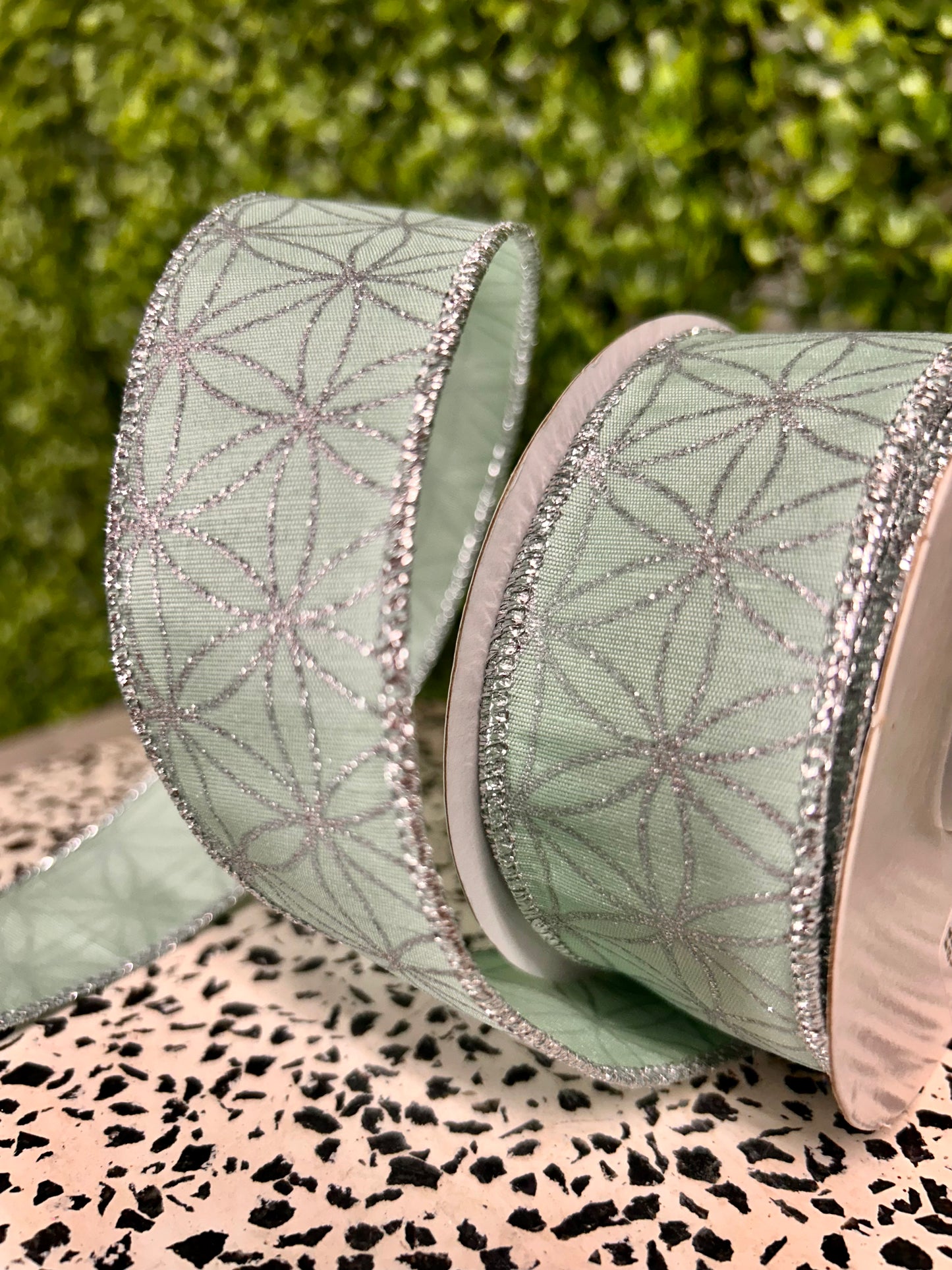 1.5 Inch By 10 Yard Robins Egg And Silver Seamless Stars On Faux Dupioni Ribbon