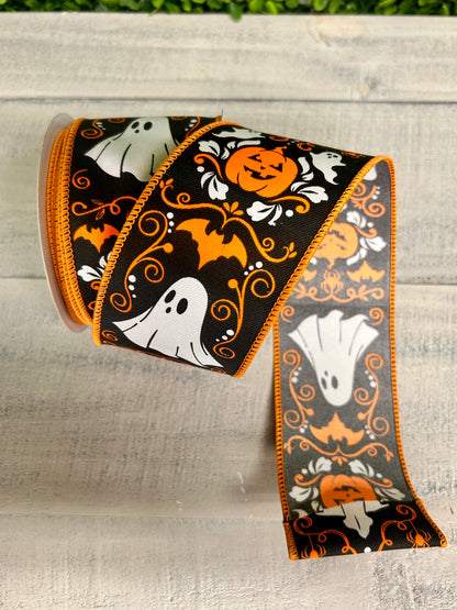 2.5 Inch By 10 Yard Ghost And Pumpkin Halloween Damask Ribbon