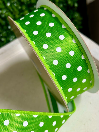1.5 Inch By 10 Yard Fresh Green And White Polka Dot With Stripe Backing Ribbon