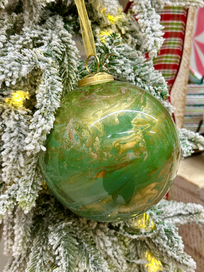 5 Inch Sage Green Gold And White Marble Glass Ball Ornament