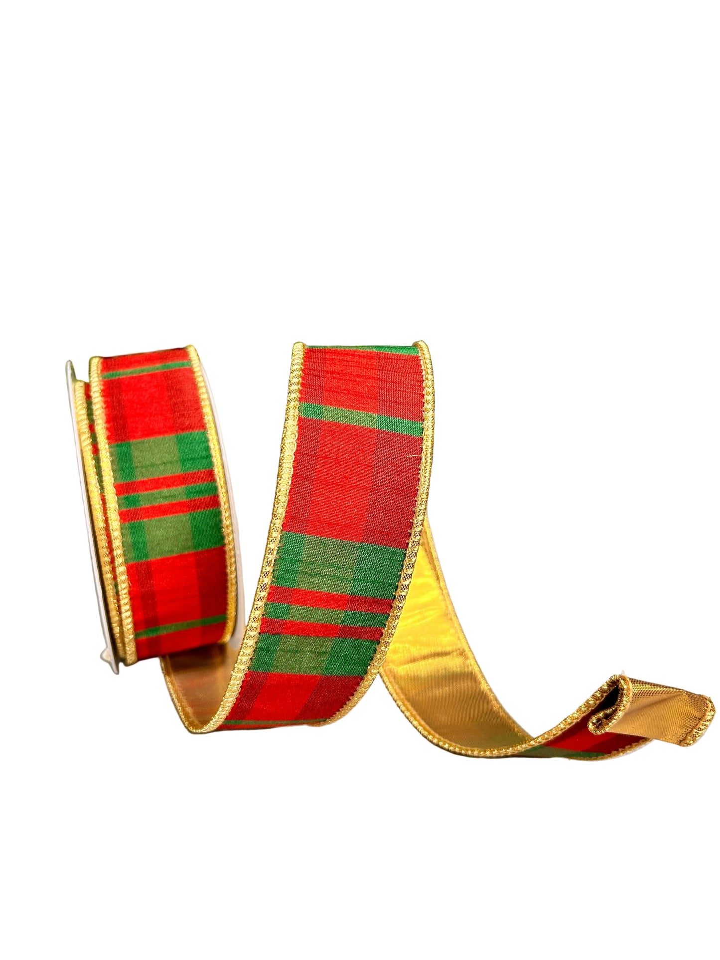 1.5 Inch By 10 Yard Modern Red And Green Christmas Plaid With Gold Back Ribbon