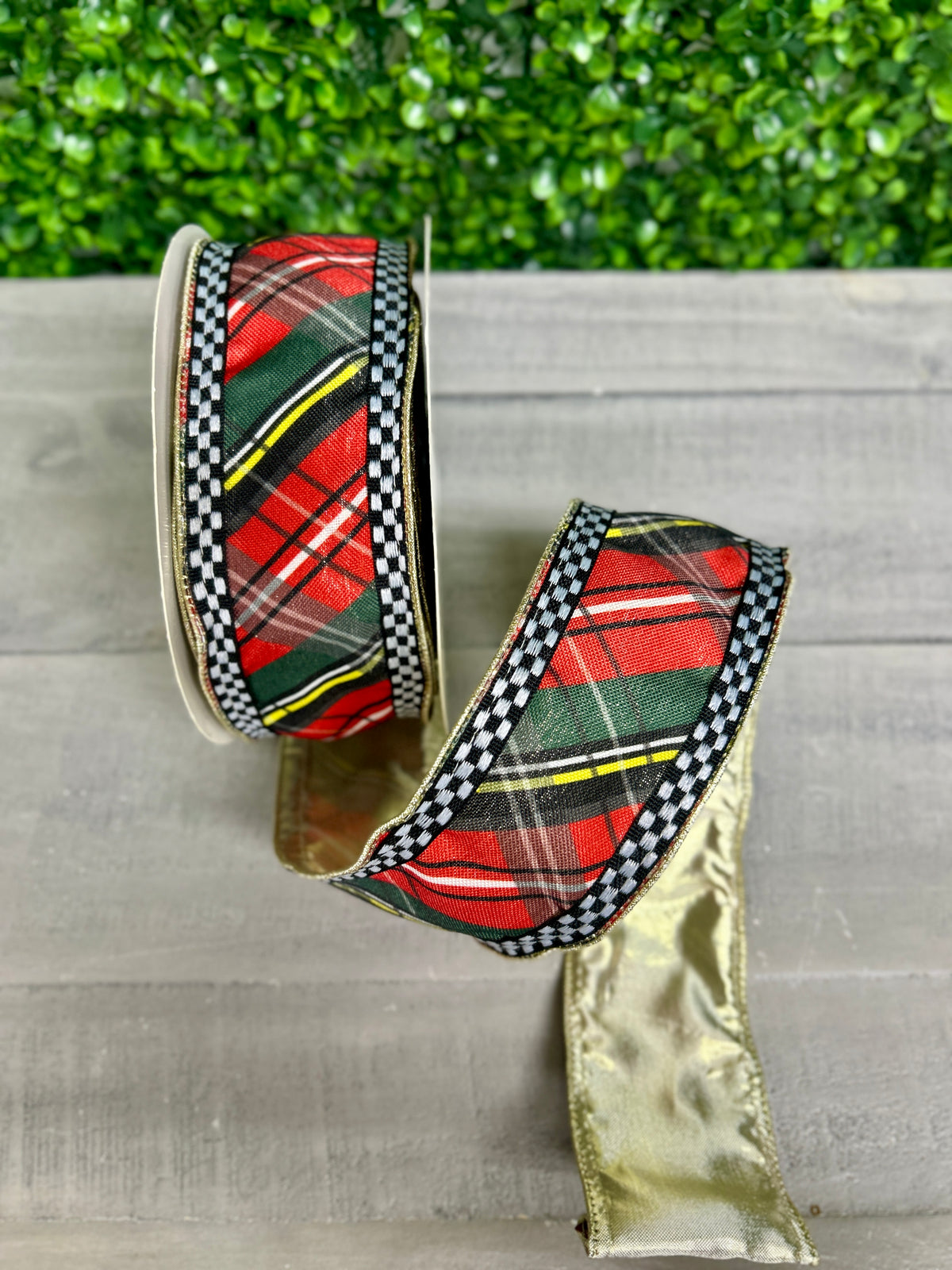 David Christopher's 2.5 Inch By 10 Yard Woven Plaid Check Ribbon With Gold Backing Ribbon
