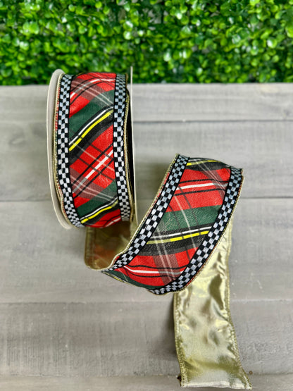 David Christopher's 2.5 Inch By 10 Yard Woven Plaid Check Ribbon With Gold Backing Ribbon