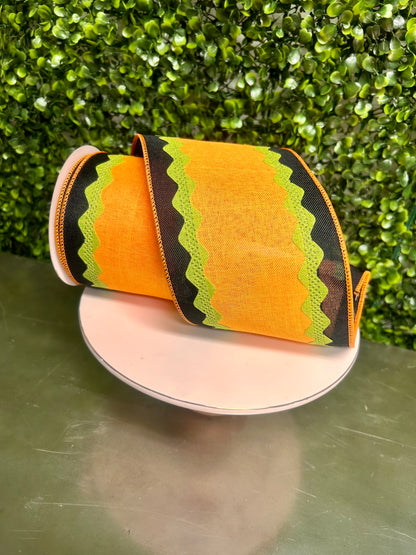 4 Inch By 10 Yard Orange Black And Lime Ricrac On Royal Burlap Ribbon