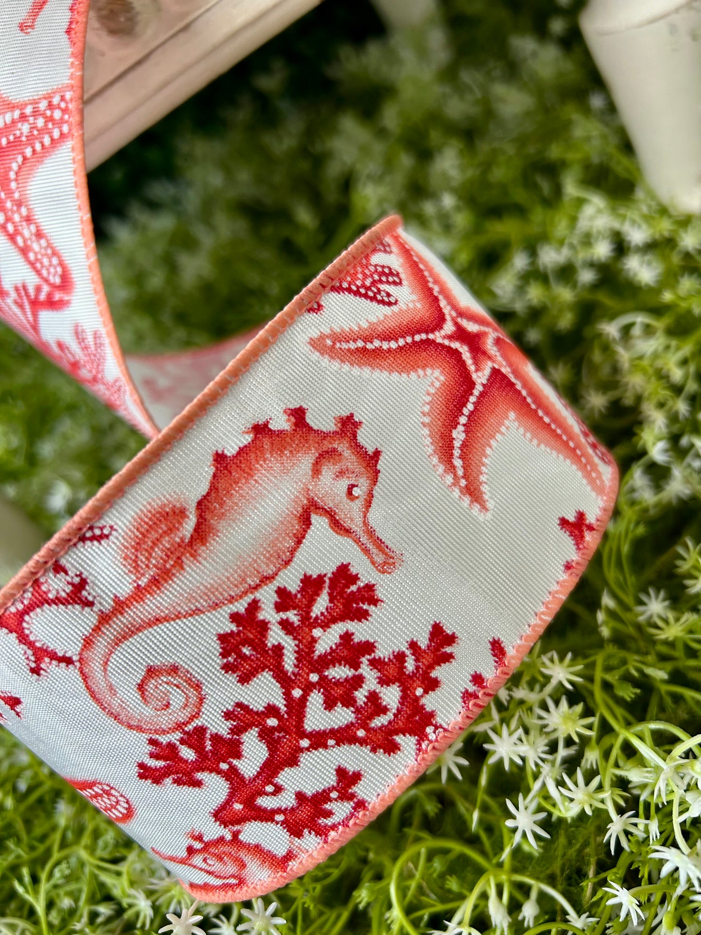 2.5 Inch By 10 Yard Coral Seahorse And Starfish Ribbon