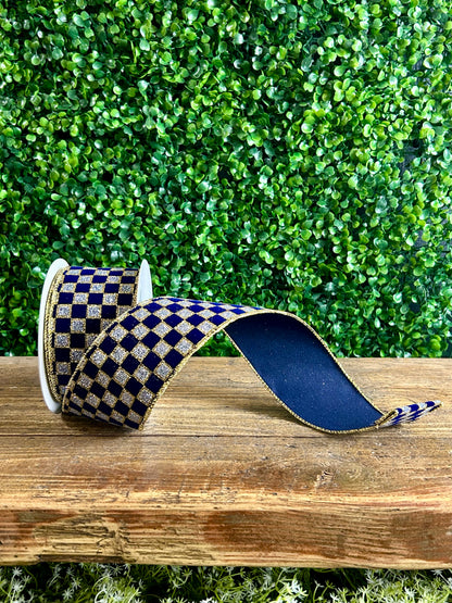 2.5 Inch By 10 Yard Navy And Silver Velvet Glitter Check Ribbon