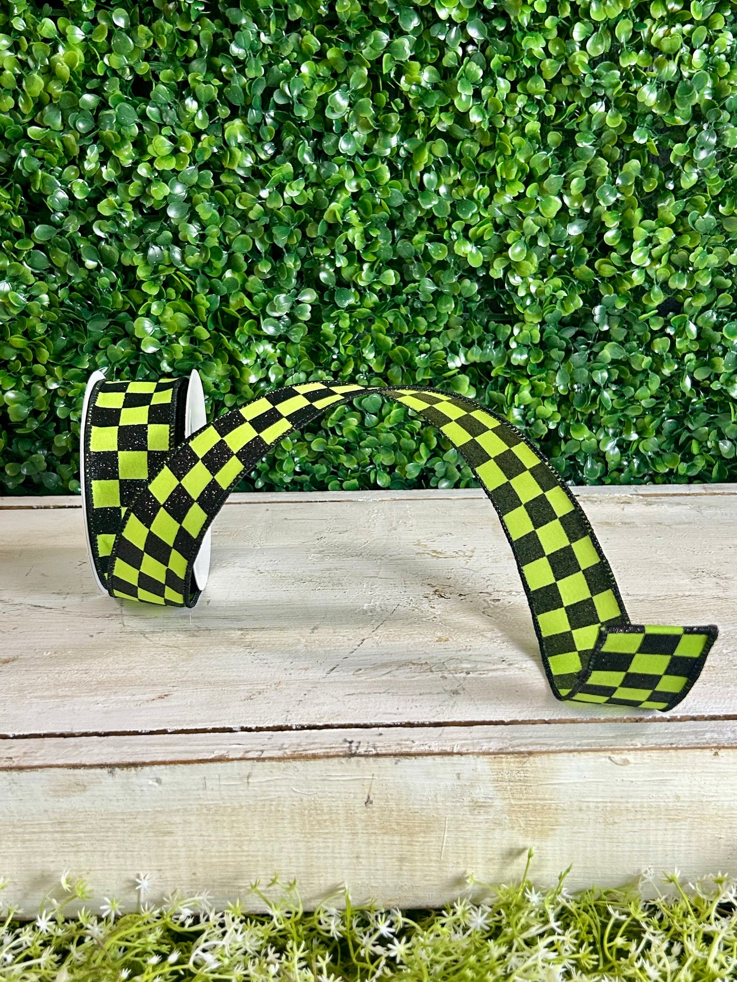 1.5 Inch By 10 Yard Lime Green And Black Glitter Check Ribbon
