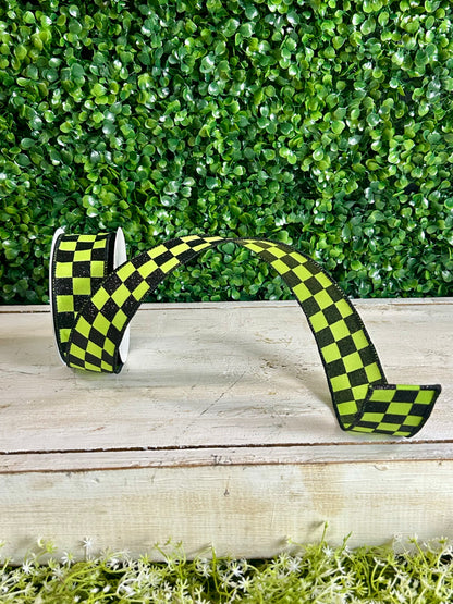 1.5 Inch By 10 Yard Lime Green And Black Glitter Check Ribbon