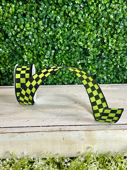 1.5 Inch By 10 Yard Lime Green And Black Glitter Check Ribbon