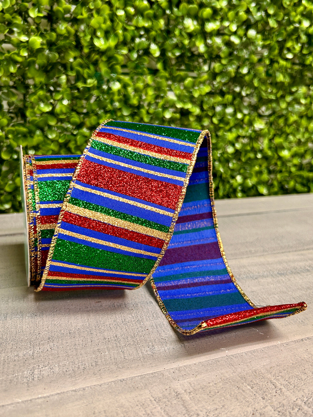 2.5 Inch By 10 Yard Royal Blue Red And Emerald Horizontal Stripe Ribbon