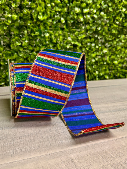 2.5 Inch By 10 Yard Royal Blue Red And Emerald Horizontal Stripe Ribbon