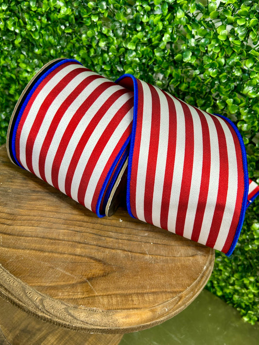 4 Inch By 10 Yard Red White And Blue Striped Twill Deluxe Dupioni Ribbon