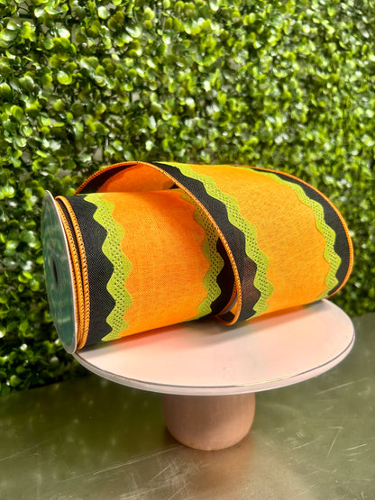 4 Inch By 10 Yard Orange Black And Lime Ricrac On Royal Burlap Ribbon