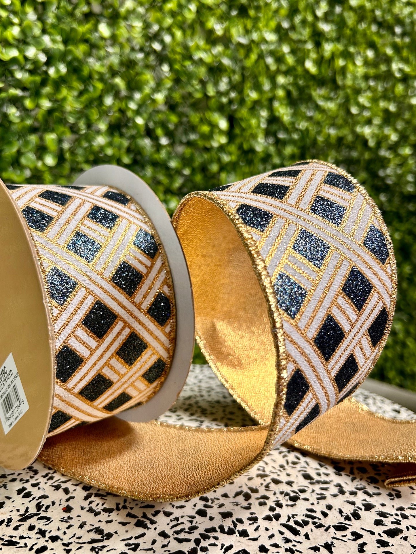 2.5 Inch By 10 Yard Gold White And Smoke Blue Woven Stripes Fused Ribbon
