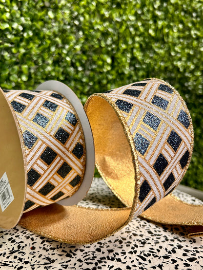 2.5 Inch By 10 Yard Gold White And Smoke Blue Woven Stripes Fused Ribbon